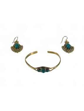 Handmade Indian Turquoise Gold Plate Filigree Cuff Bracelet Drop Earring Set